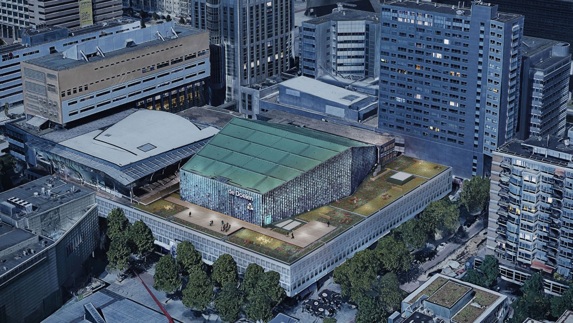 Das Flachdach misst über 2500 m² und läuft rund um das kupferne Dach der grossen Konzerthalle (© Plotvis and Kraaijvanger Architecten)