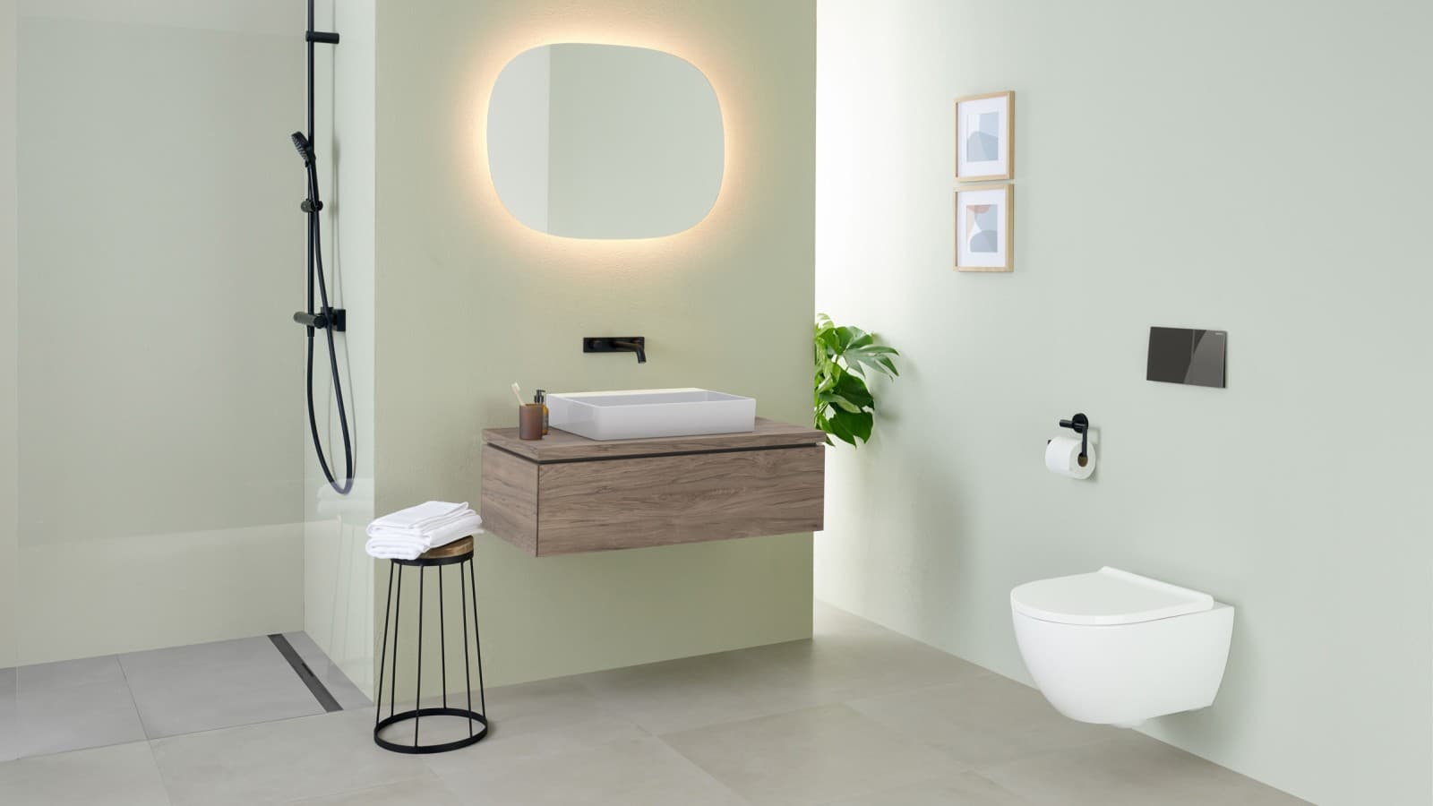 Geberit VariForm Waschtisch und die neuen Geberit Option Lichtspiegel in Oval. Geberit Acanto WC und Sigma70 Betätigungsplatte. (c) Geberit Geberit VariForm Waschtisch und die neuen Geberit Option Lichtspiegel in Oval. Geberit Acanto WC und Sigma70 Betätigungsplatte. (c) Geberit