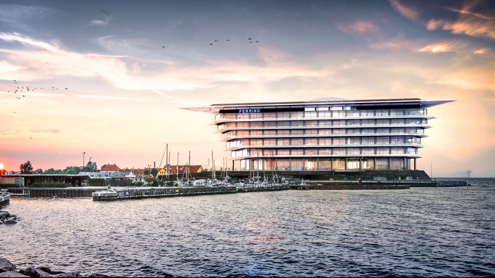 Eine Insel von schwebender Leichtigkeit: Der neue Hauptsitz des Pharmaunternehmens Ferring Pharmaceuticals in Kastrup, Dänemark. (c) Foster&Partners Eine Insel von schwebender Leichtigkeit: Der neue Hauptsitz des Pharmaunternehmens Ferring Pharmaceuticals in Kastrup, Dänemark. (c) Foster&Partners